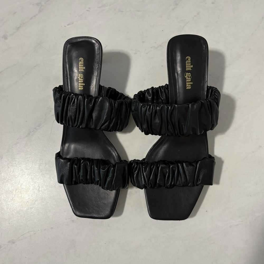 Cult Gaia Black Ruched Strap Heels Size 37.5 Designer Formal Party Neutral Fall - Picture 2 of 7